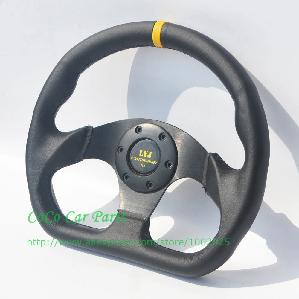 

Rivet Leather Car Steering Wheel D Shape 325mm Racing Auto Steering Wheel Flat Game Steering Wheel Yellow Stripe Black stitch