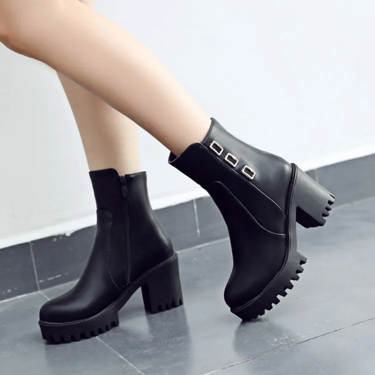 

Big Size 11 12 13 Simple square head, thick heel, middle heel, metal buckle side zipper, trendy women's boots