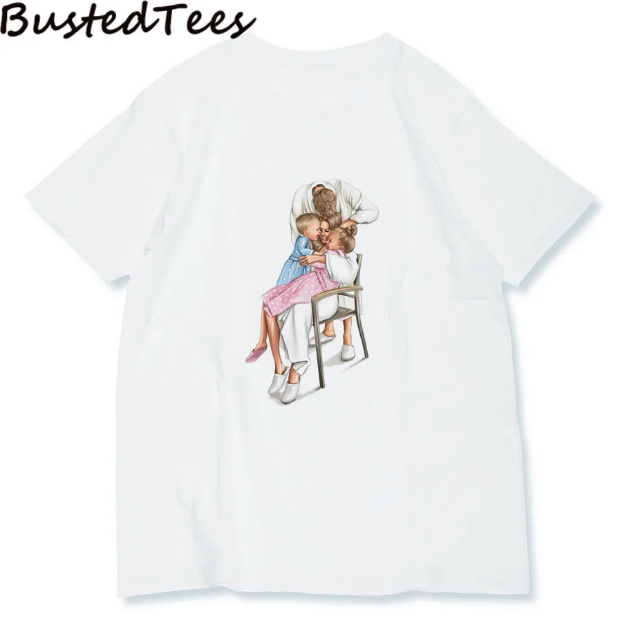 

2019 BUSTED Women's Family White Short Sleeve T-shirt Summer Cotton Soft Comfortable 3D Print Casual Style Women Tops Tee