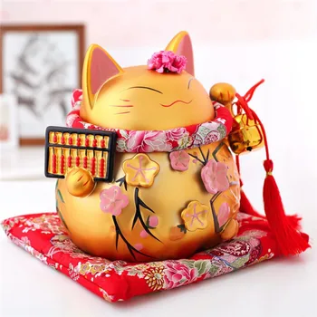 

Golden Ceramic Maneki Neko Ornament Lute Abacus Design lucky Cat Piggy Bank Figurine Home Decor Fortune Cat With Bell L3303