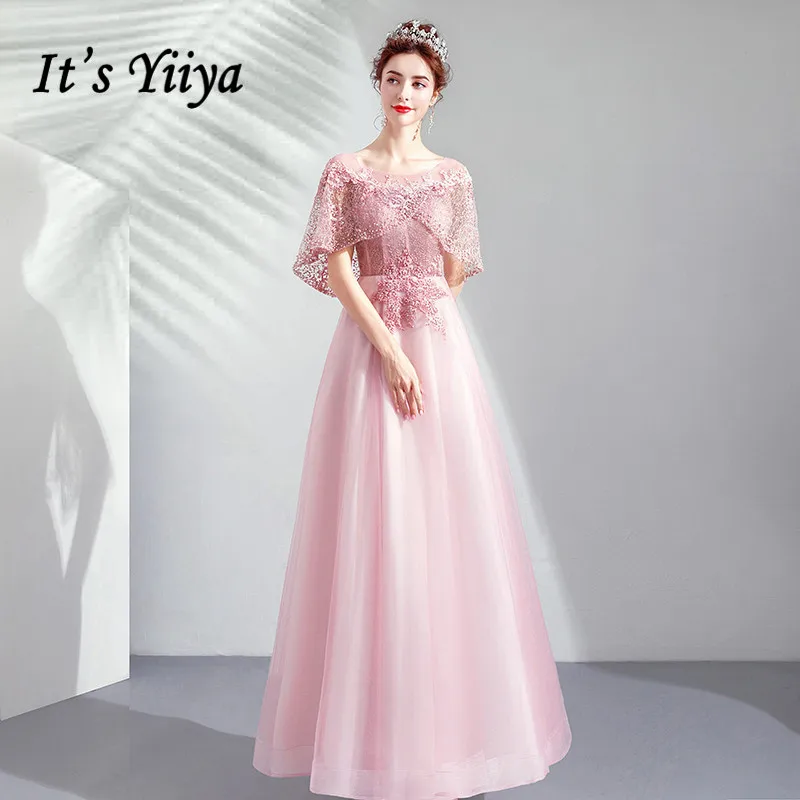 

It's YiiYa Evening Dress Full Beading Crystal Shawl Design Wedding Party Dresses O-neck Illusion Lace Long Formal Gown E148