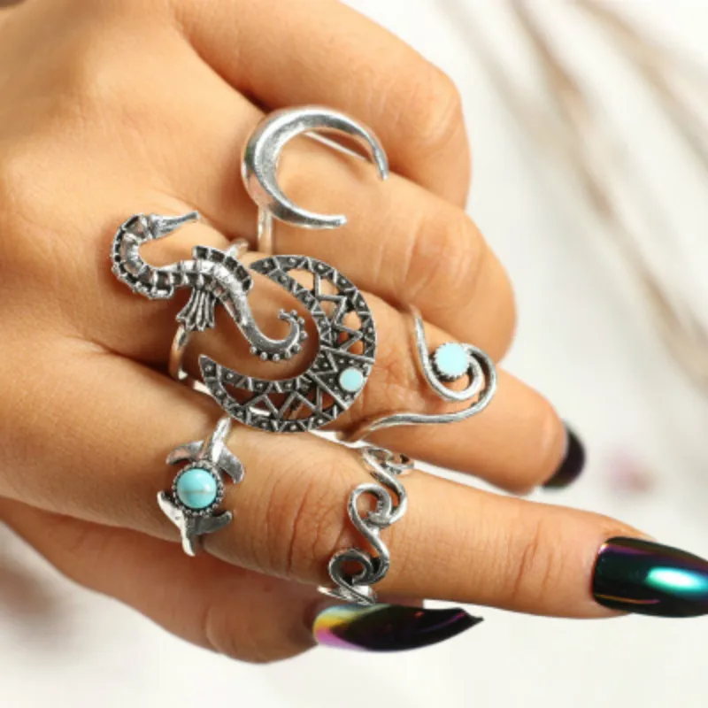 

34 Style Blessing Hippocampus Vintage Knuckle Rings for Women Boho Geometric Flower Crystal Ring Set Bohemian Finger Jewelry
