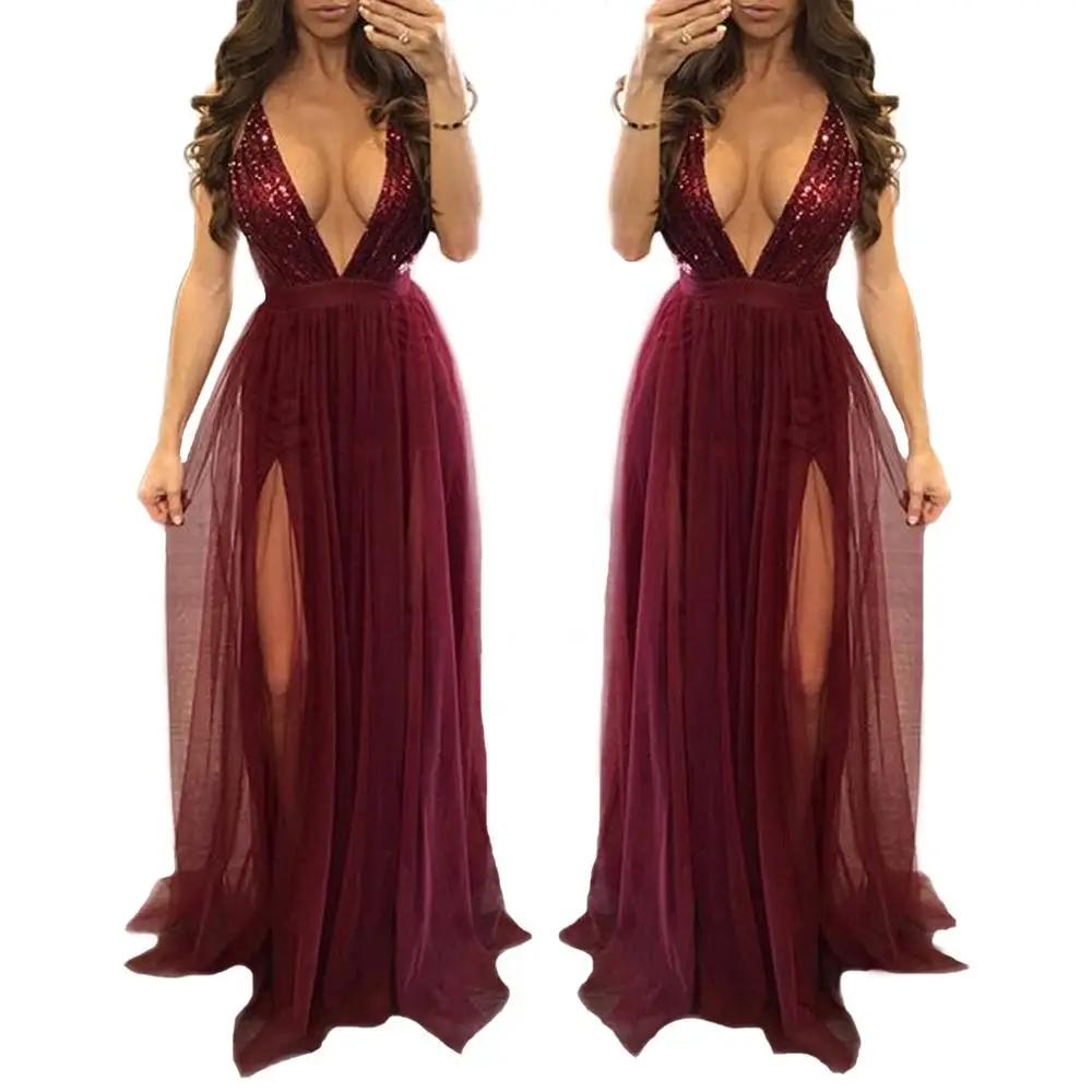 Adogirl женское сексуальное Макси вечернее платье с пайетками, Сетчатое лоскутное платье с глубоким v-образным вырезом на бретельках, длинное Клубное платье с открытой спиной - Цвет: burgundy dress