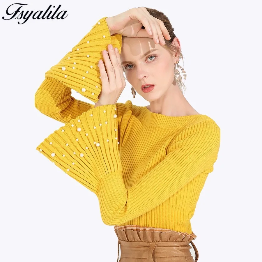 Beading Sweater Ladies Pullovers Flare Sleeve Warm Winter