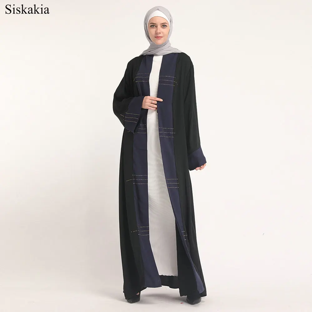 Siskakia Muslim Fashion Color Block Stitching Cardigan Robe Abaya Women Turkish Dubai Ramadan High Waist Sashes Female Abaya New (2)