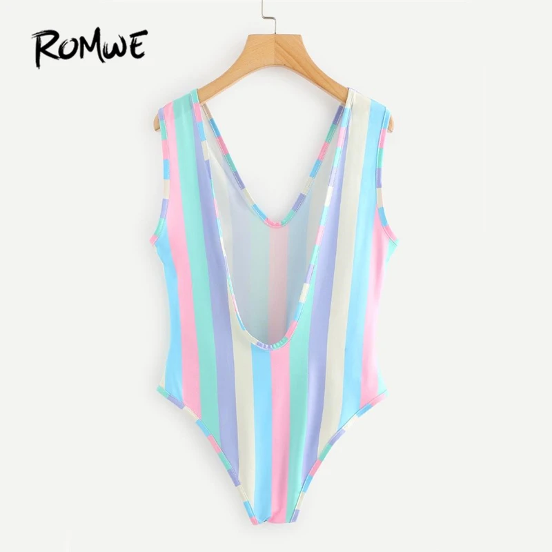ROMWE Open Back Striped Bodysuit Summer Multicolor Backless Scoop Neck Skinny Bodysuit Women Sexy Sleeveless Bodysuit ROMWE Open Back Striped Bodysuit Summer Multicolor Backless Scoop Neck Skinny Bodysuit Women Sexy Sleeveless Bodysuit