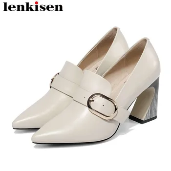 

2019 natural leather solid British style oxford pointed toe high heels buckle fastener office lady large size dress pumps L89