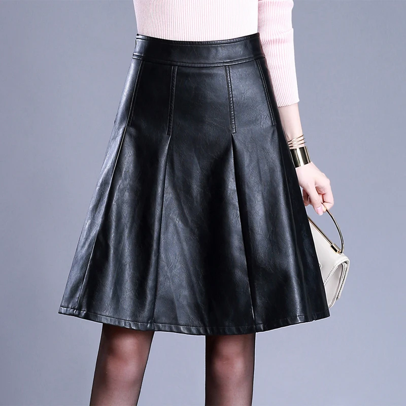 Dwayne Women Autumn Winter Vintage High Waist PU Leather Skirts Female