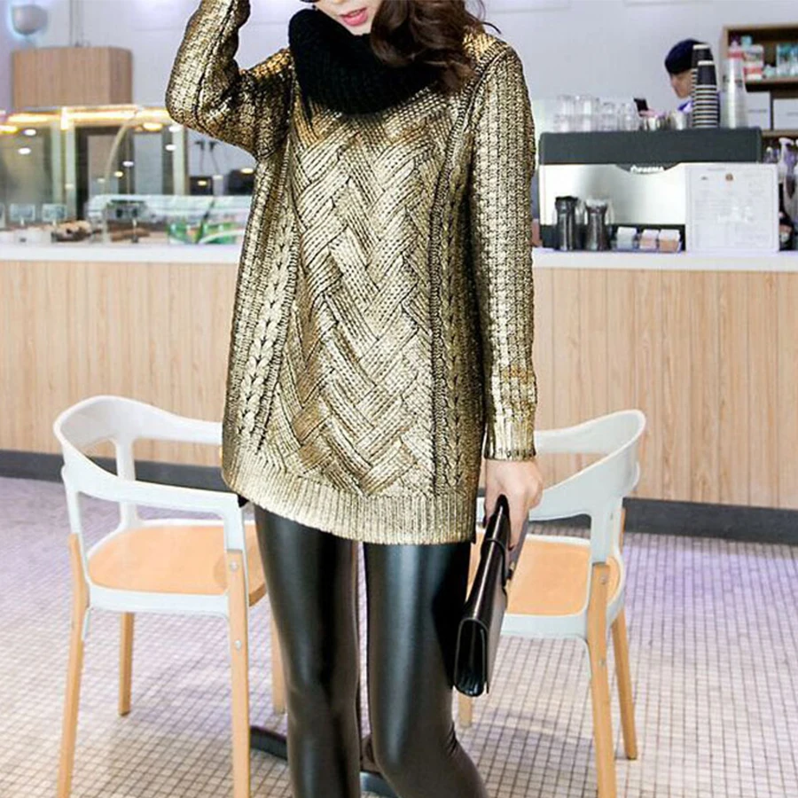 Women Bronzing Silver Knitted Sweater Winter Long Warm Retro Pullover Gold Silver Fashion Round Neck Sweater Casual High Quality