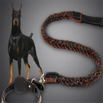 

110CM pet dog leash collar collar bold braided quality leather training safe durable deformation strap rivet buckle collar hot