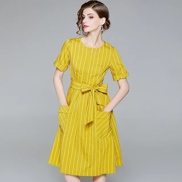 European runway 2018 summer new women's fashion yellow blue belt short sleeve round neck striped dress midi dresses with pocket