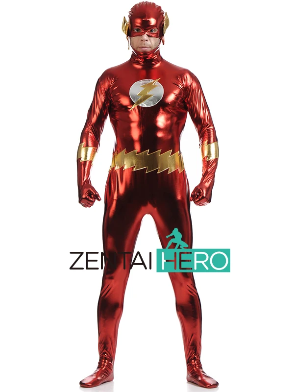 DHL, Модный Блестящий металлический красный костюм Zentai Flash Hero для, костюм на Хэллоуин из лайкры Flash Man LZ112207