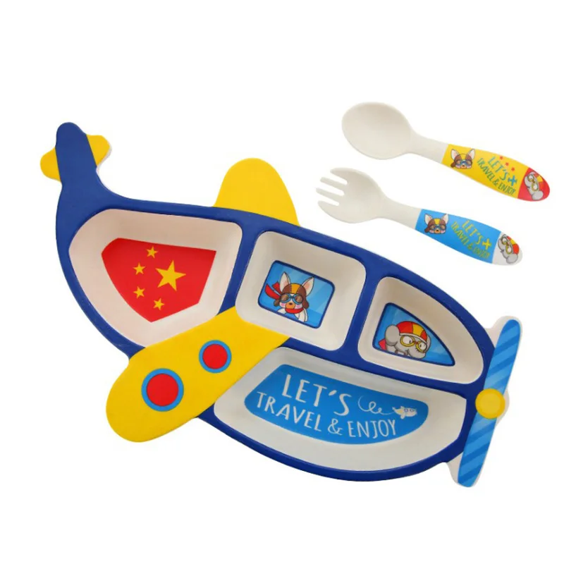 

Child Bamboo Fiber Plate Aircraft Shape Divided Plate Eating Fork Spoon Set Baby Feeding Tableware