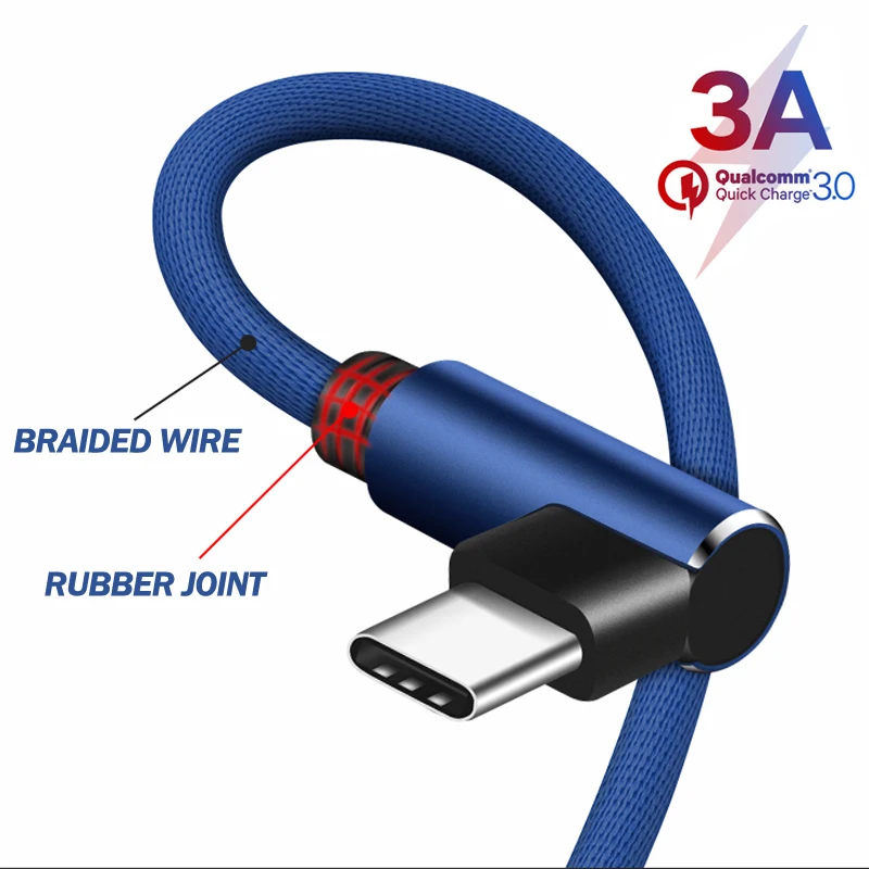

90 Degree Elbow USB Type C Cable for Samsung S9 S8 Fast Charge for Huawei P30 Pro Xiaomi Redmi Note 7 Charging Data Cord Cable