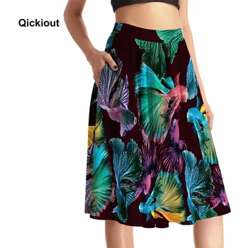 

Qickitout Pocket Skirts 2016 Women's Summer Fashion 3D Digital Print Pocket Skirts High Waist Colorful Fish Print Casual Skirt