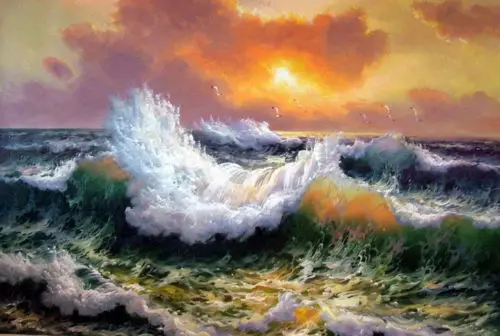 Dream-art Oil painting seascape Huge wave in the sunset with seabirds canvas 36