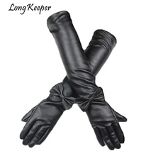 Длинные женские кожаные перчатки 50 см Длина Длинные рукава Бант Полный палец Локоть длинные перчатки зимние черные перчатки высокое качество