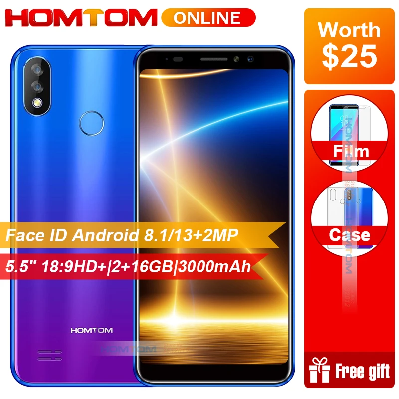 Оригинальный HOMTOM C8 5,5 "HD + 4G смартфон 3000 mAh 2 Гб Оперативная память 16 Гб Встроенная память Android 8,1 4 ядра Face ID двойной назад камеры мобильного