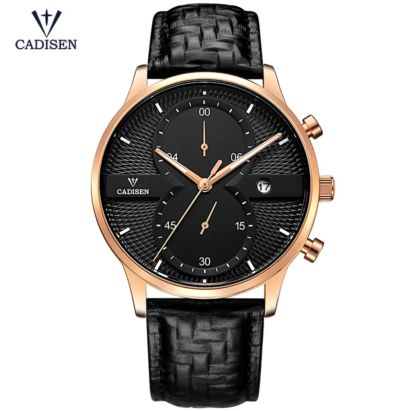 Cadisen мужские часы с хронографом и кожаным ремешком модные повседневные деловые Аналоговые кварцевые наручные часы для мужчин черный 9055G-1 - Цвет: CL9055G-HMH