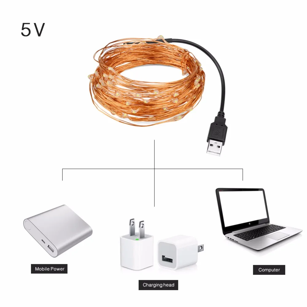 50 100 светодиодный светильник 5 м, 10 м, 33 фута, 5 В, питание от USB, медный провод, наружная сказочная Светодиодная лента, Рождественская, свадебная, праздничная декоративная лампа