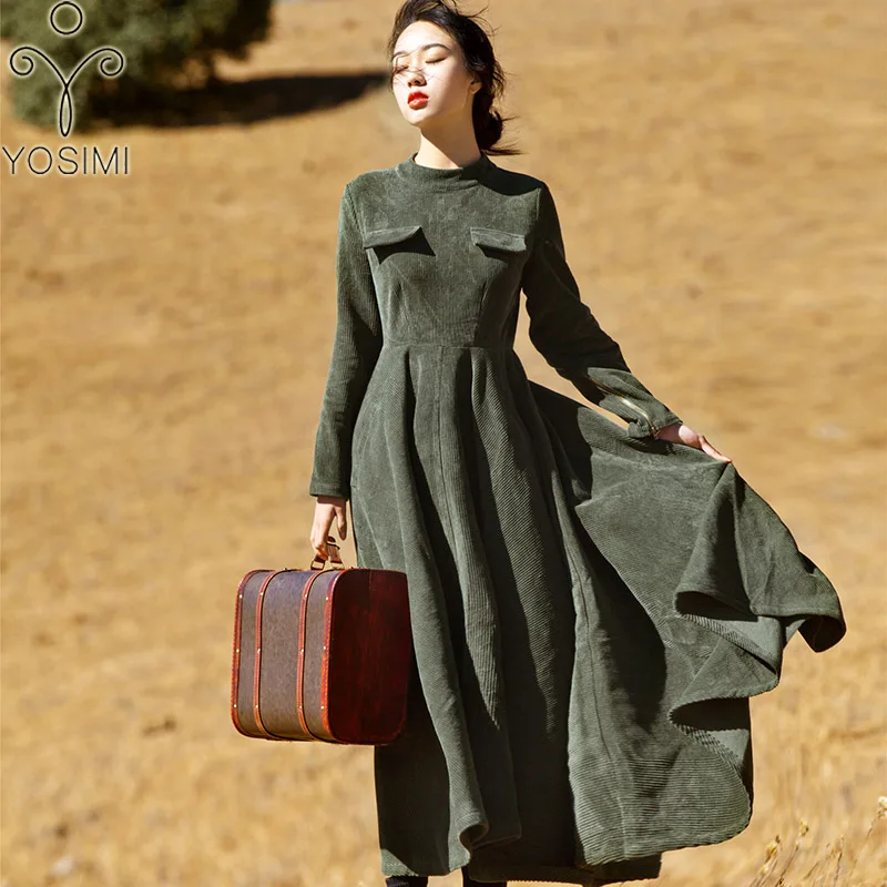 

YOSIMI 2018 Autumn Winter Maxi Elegant Corduroy Vintage Long Women Dress Full Sleeve Ankle-Lenght Evening Party Female Vestido