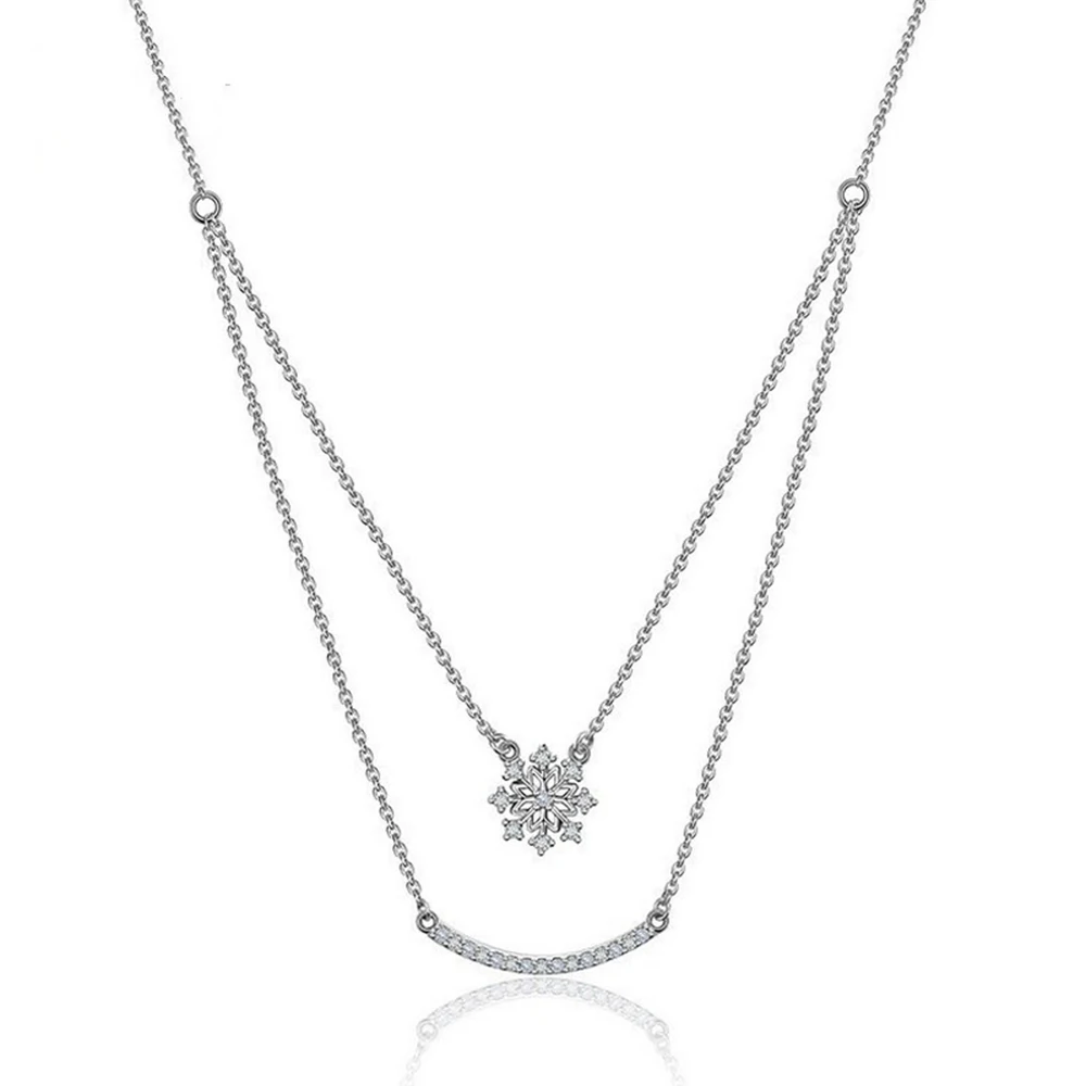 

Hot Sale 925 Sterling Silver Pendants Necklaces Smile Snowflake Crystal Double Layer Necklaces for Women Party Wedding Necklaces
