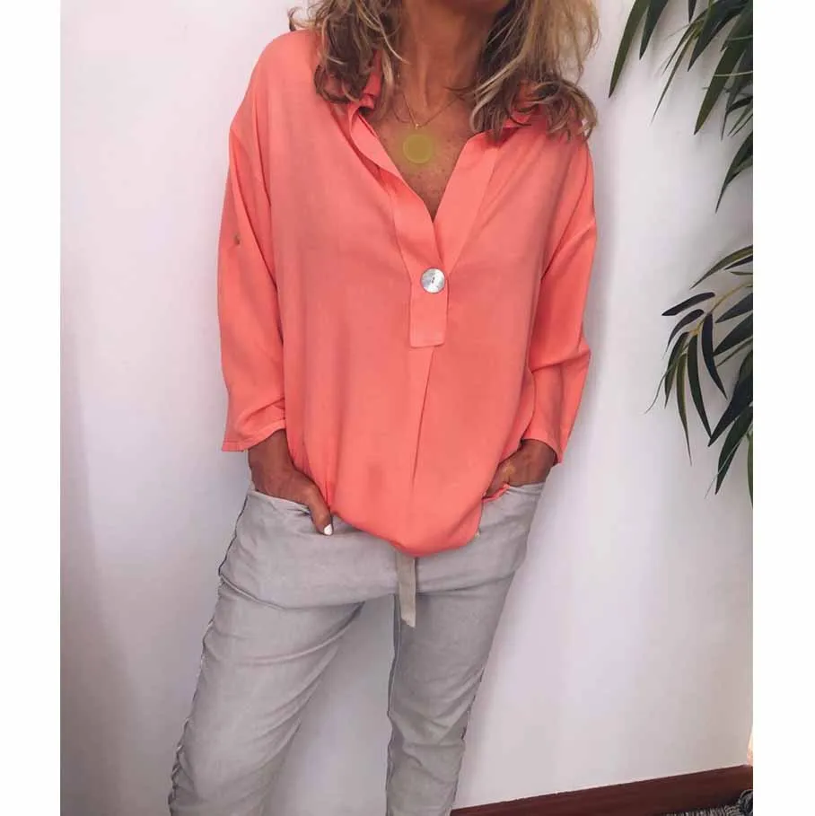 Hot Sale Fashion 2019 Loose Women Button Blouses Summer Solid Lapel ...