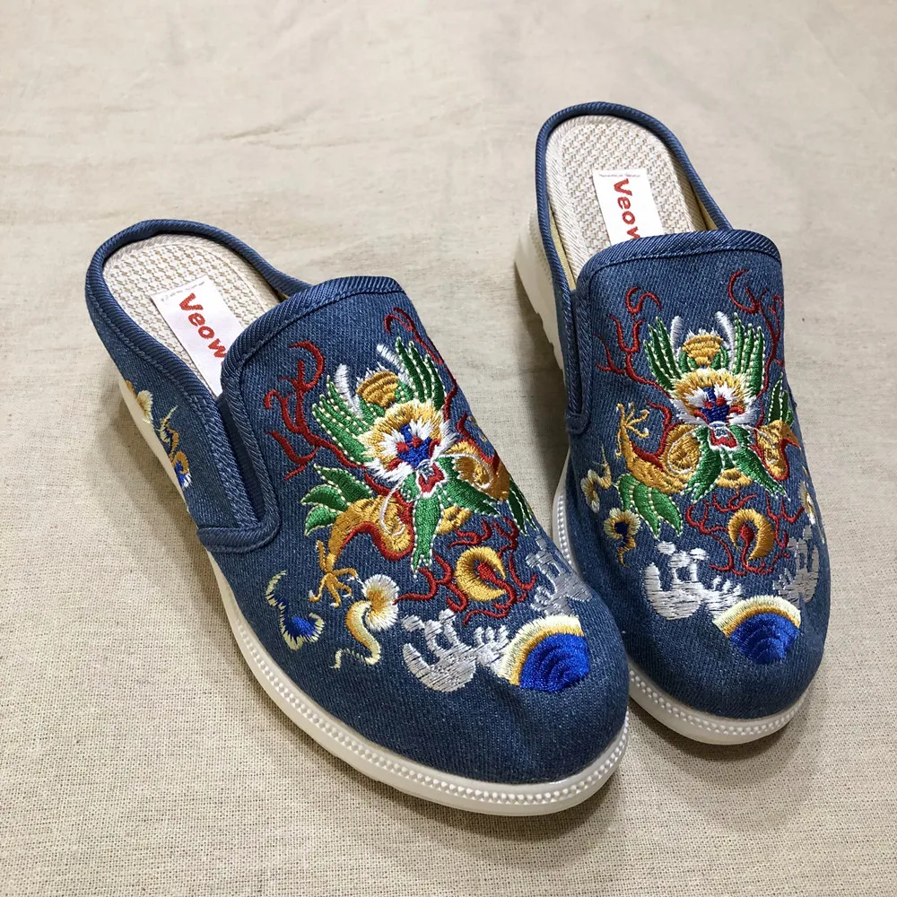US $16.78 Veowalk Chinese Totem Embroidery Womens Casual Canvas Wedge Slippers Medium Hidden Heel SlipOn Comfort Platform Slides Shoes