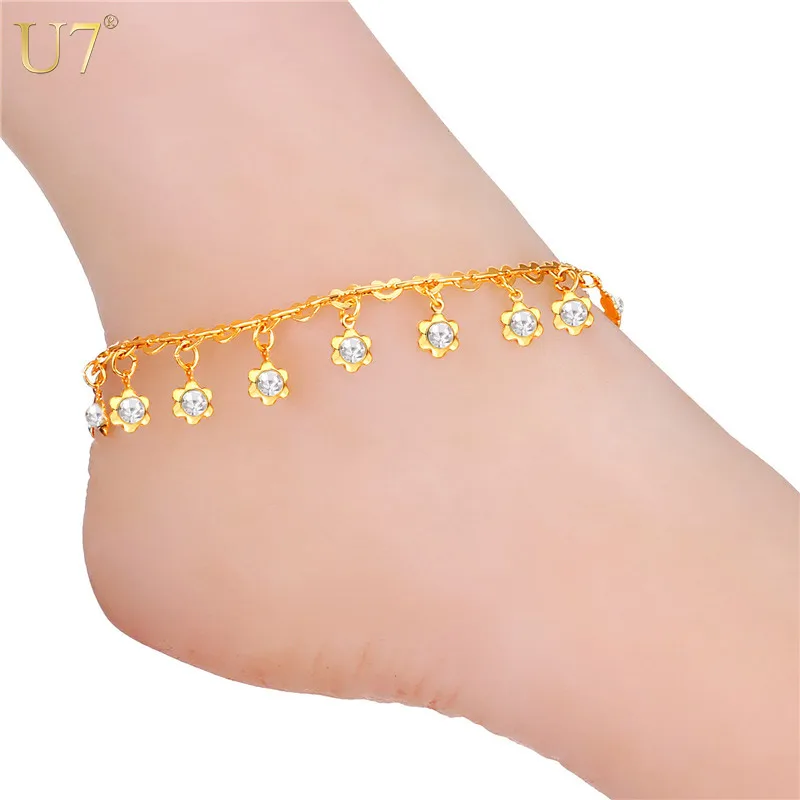 

U7 Trendy Design Foot Chain Foot Jewelry Gold Color Flower Crystal Link Chain Ankle Bracelets For Women A322
