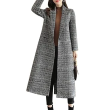 Женское пальто с зубчатым воротником, с длинным рукавом, в клетку, макси, длинное пальто