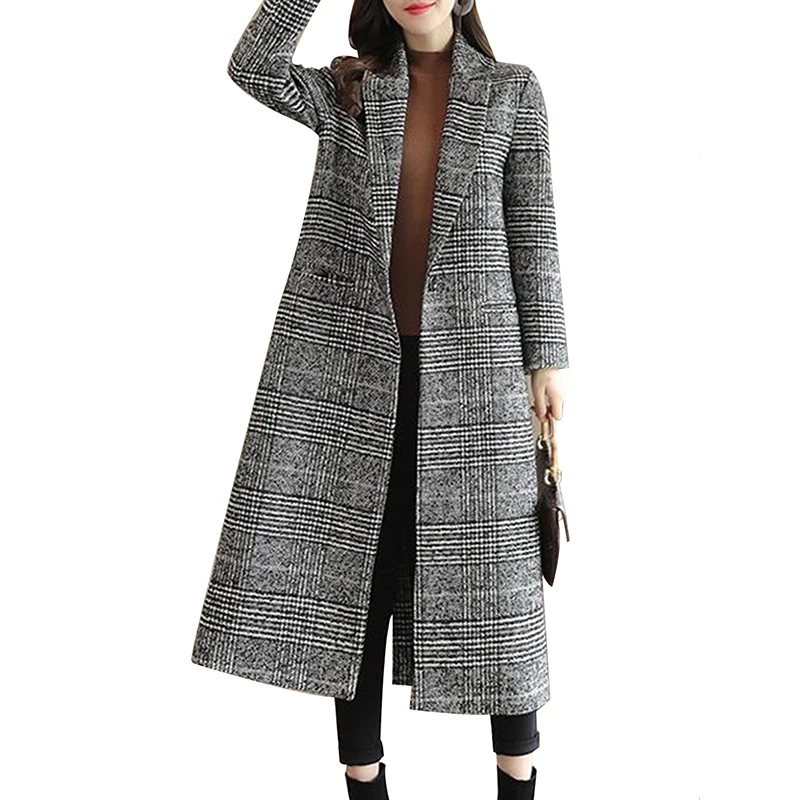 

Women's Coat Notched Collar Long Sleeve Plaid Maxi Long Coat
