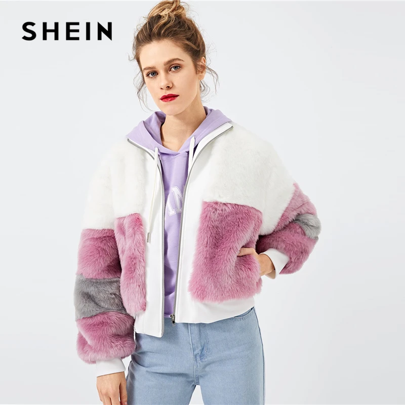 SHEIN Zip Colorblock Elegant Faux Fur Teddy Coat Women Casual