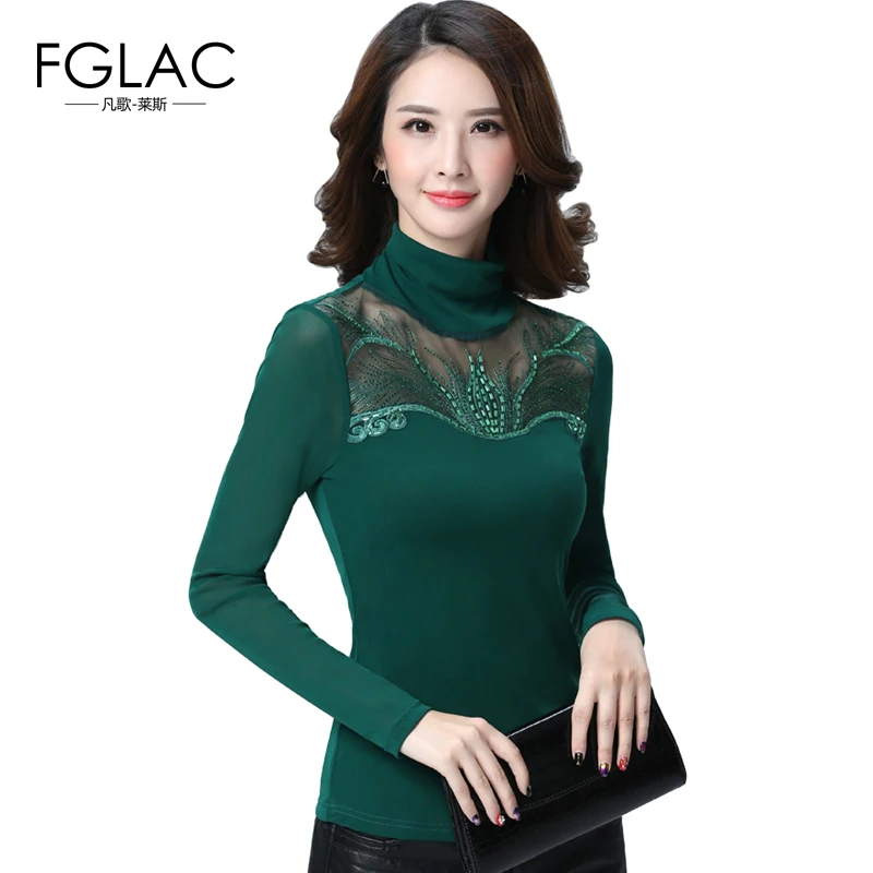 

FGLAC Spring and Autumn women lace tops Fashion Casual Long sleeved Women blouse shirt Turtleneck Diamonds lace shirt blusas