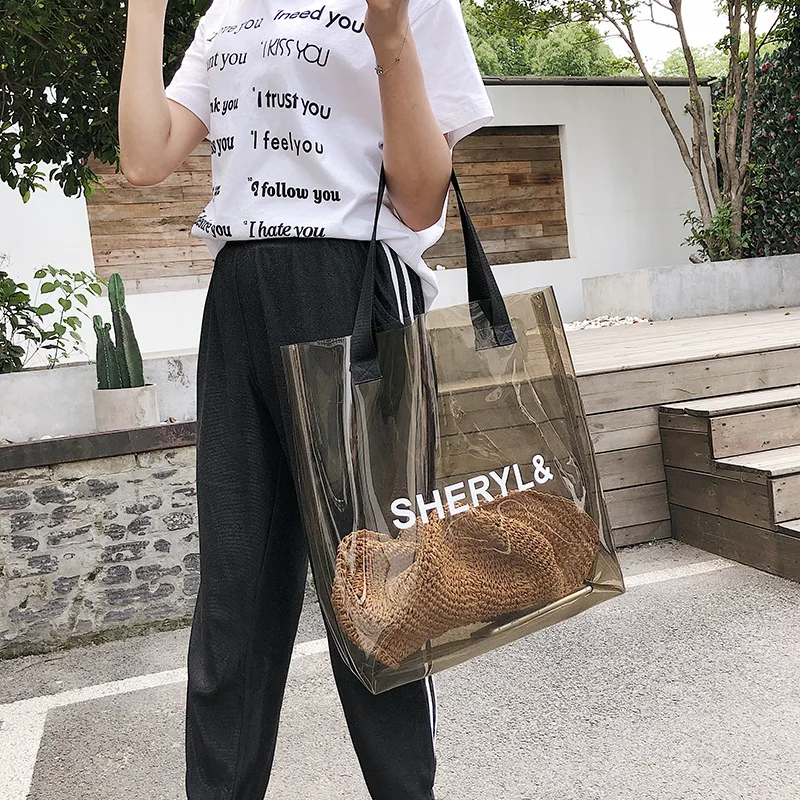 

Luxury Brand Logo Clear PVC Women Handbags Jelly Transparent Plastic Summer Beach Bags Fashion Tote Bag Top-handle Shoulder Bag