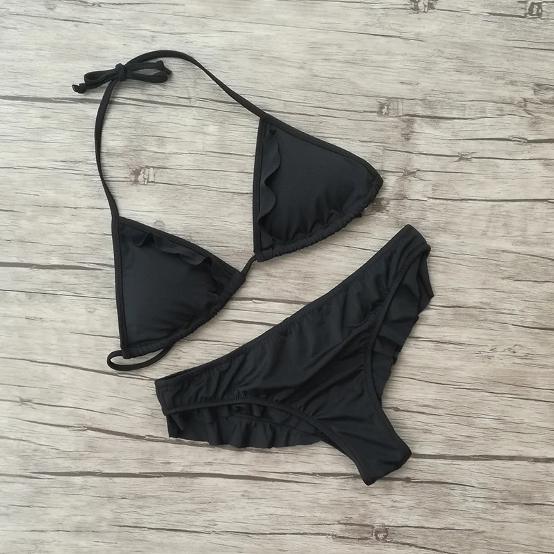 Женский черный треугольный комплект бикини с оборками сексуальный секретный вырез купальник Бразильский летний пляжный костюм