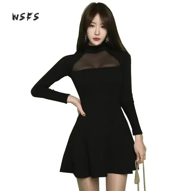 Wsfs Autumn Dress For Women Black Long Sleeve Turtleneck Y Party Wsfs Autumn Dress For Women Black Long Sleeve Turtleneck Y Party Vintage Bandage Mesh Aline Dresses