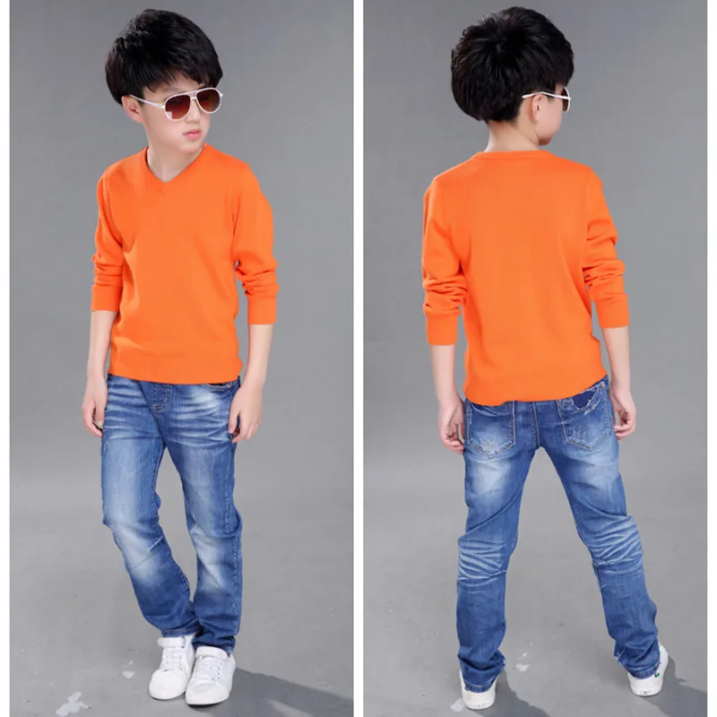Fashion Boys Sweater Knitting Pattern Spring Children Pullovers Tops Cotton Kids Outerwear Clothes Pure Color Sweater 4-16Y
