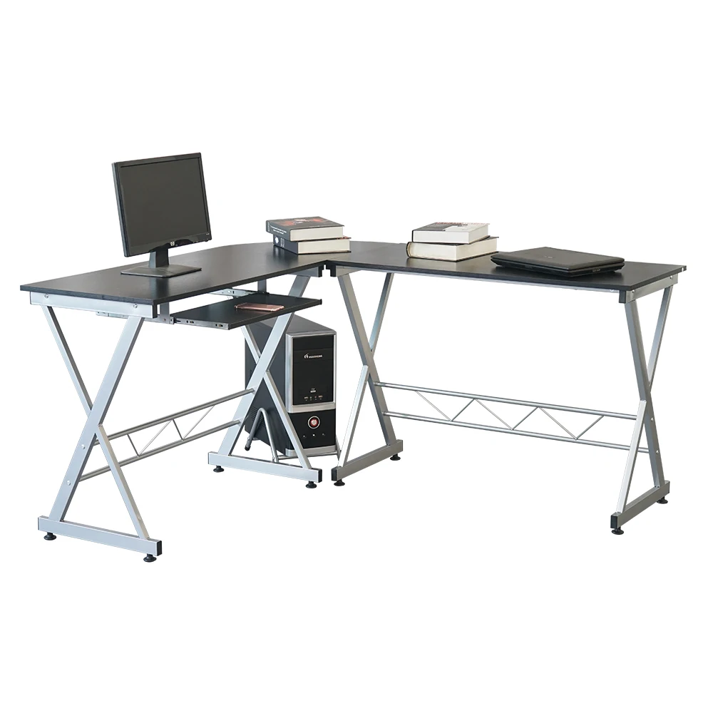 

L-Shaped Wood Computer Desk Corner Desk Laptop PC Table Workstation Corner Writing Desk with Storage Shelves Black - US Stock