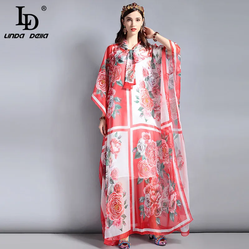 

LD LINDA DELLA Fashion Designer Maxi Dress Women's Batwing sleeve Bow Collar Loose Elegant Rose Floral Print Long Dress