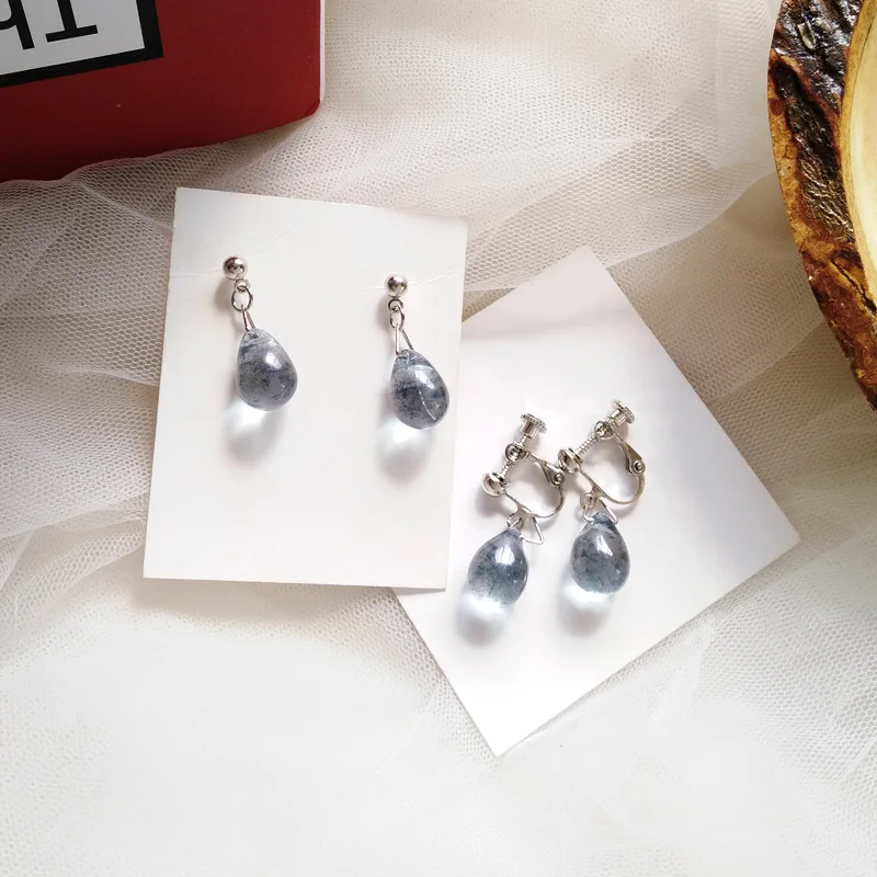 

Transparent Classic Blue Glass Resin Water Drop Stone Clip On Earrings Non Pierced for Elegant Women Earrings without Piercing