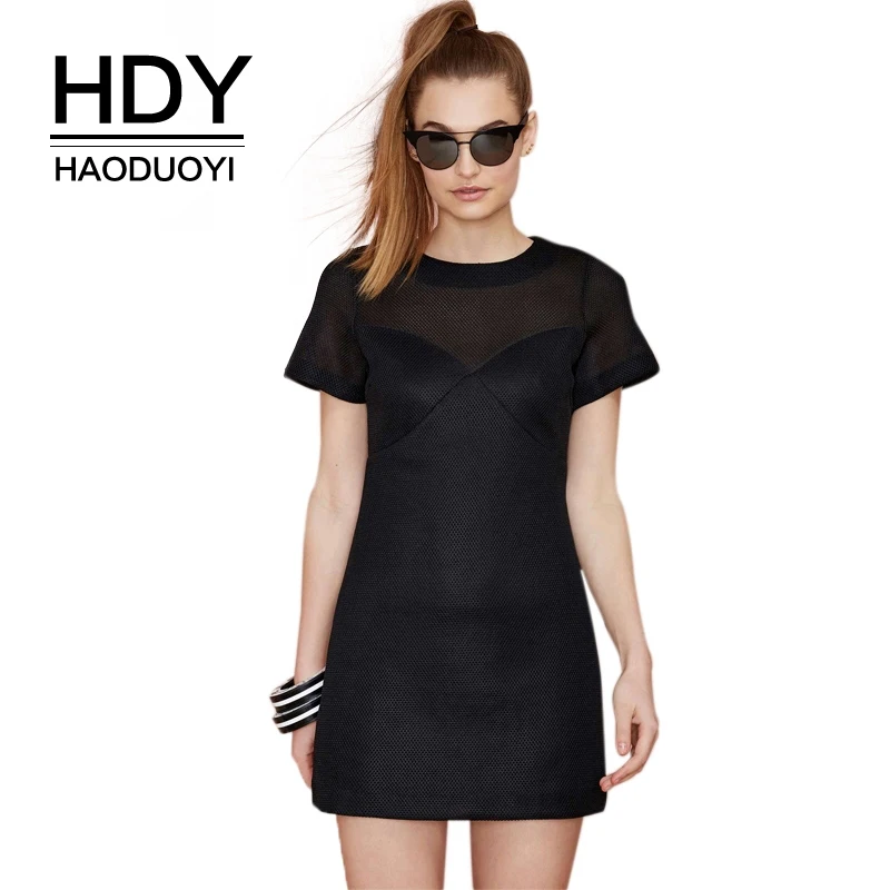 

HDY Haoduoyi Solid Black Women Dress Sexy Sheer Mesh PatchWork Mini Dress Female Streetwear Casual Ladies Vestidos De Festa