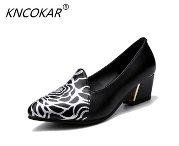 

2017 spring and autumn genuine leather with the single shoes female thick heels shoes pointed toe print four seasons shoes work
