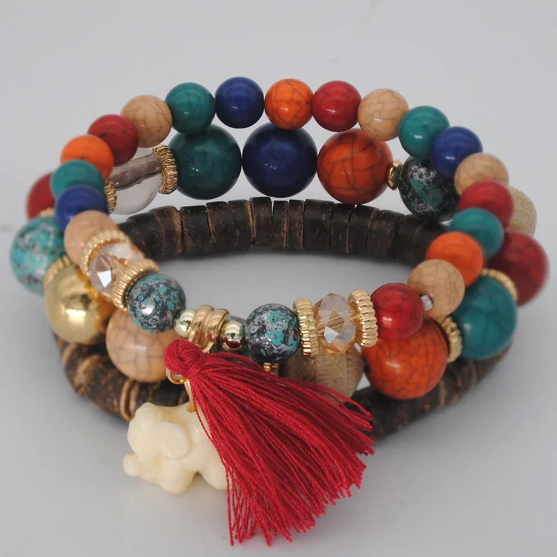 Yumfeel, женские браслеты с бусинами, Богемия, слон, кисточки, браслеты с подвесками и Набор браслетов, богемный стиль, винтажные ювелирные изделия, многослойные браслеты - Окраска металла: Red