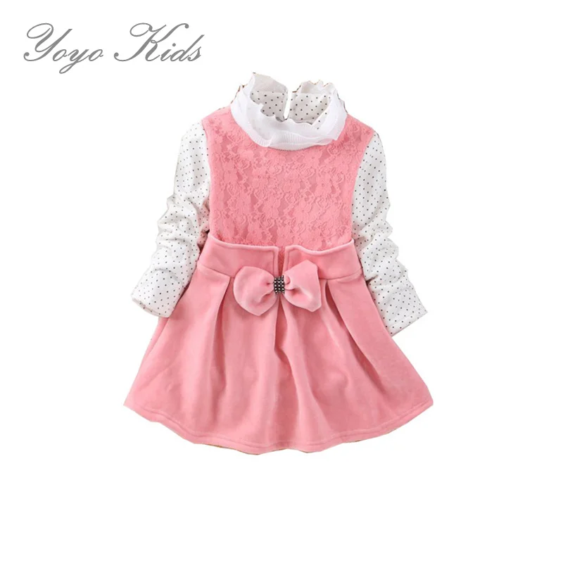 

2015 Winter New Girl Dress 2 Sides Fleece Gauze Patchwork Thick Warm Long Sleeve Princess Dress 1-8Y