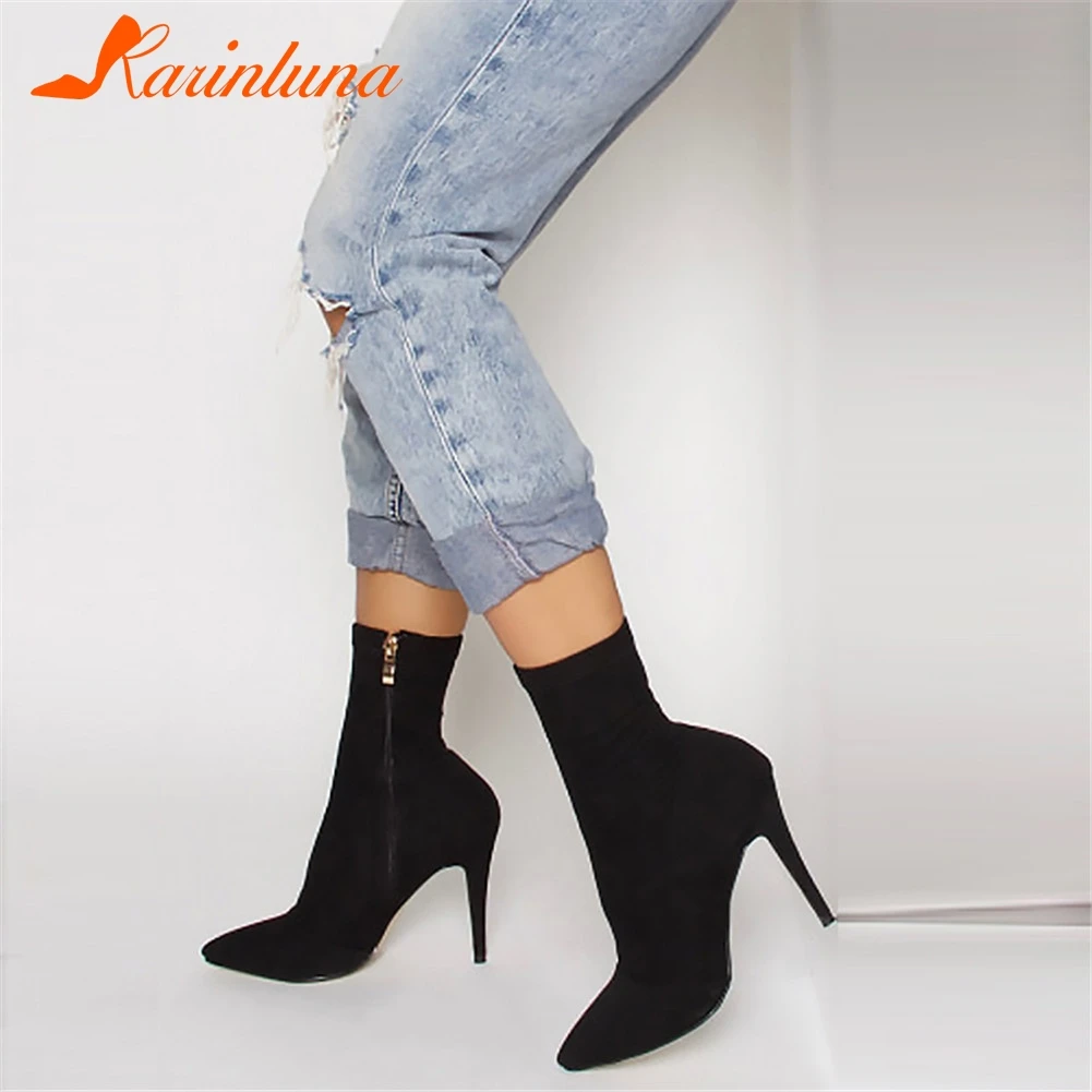 

KARINLUNA New Stretch Fabric Solid Pointed Toe Thin High Heels Zip Shoes Woman Casual Sexy Autumn Winter Mid Calf Boots Black