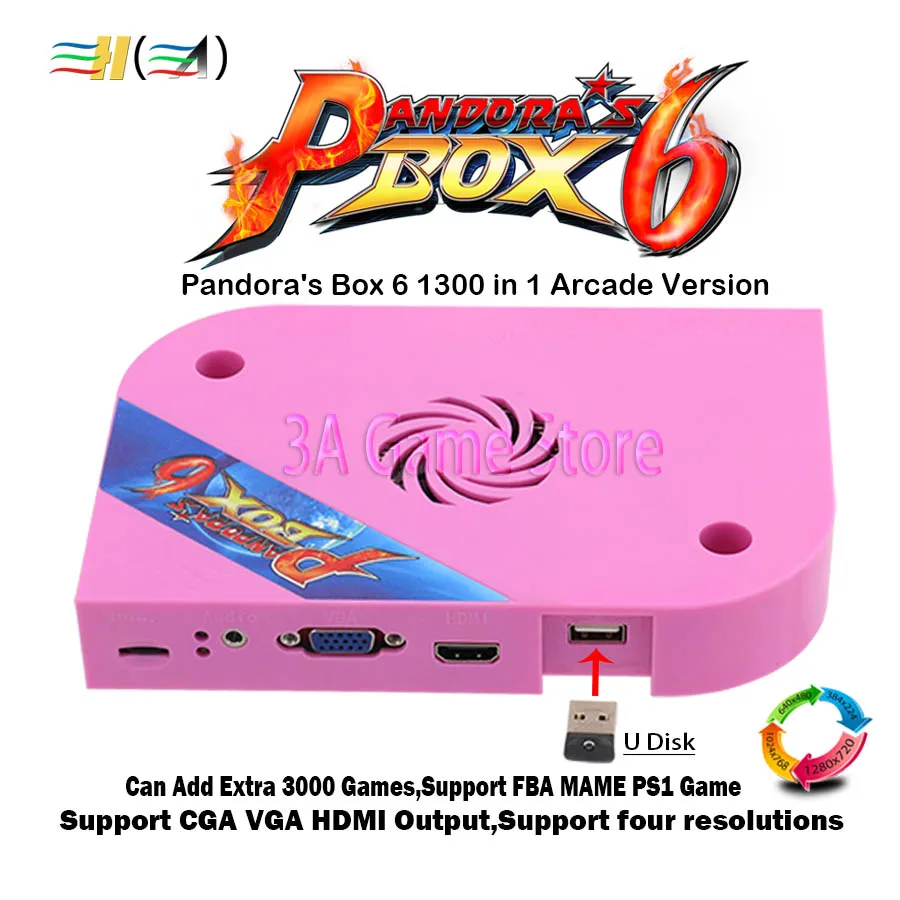

Pandora Box 6 1300 Jamma Board Arcade for Arcade Machine Support CRT CGA HDMI Can Download FBA MAME PS1 Game 3D Console