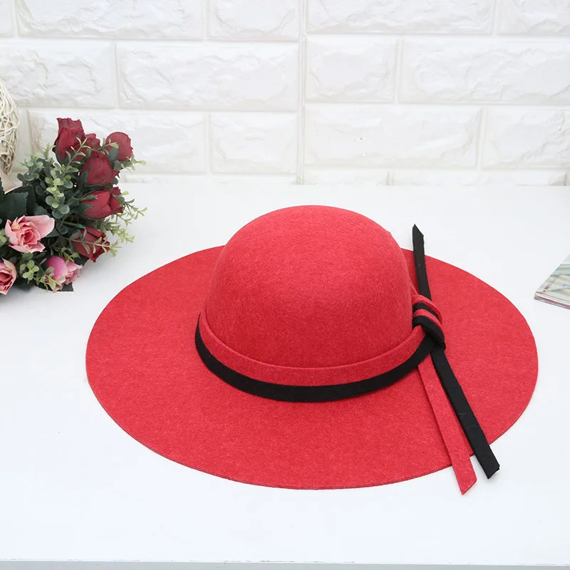 Осень-зима широкими полями, шерсть фетровая шляпа для Для женщин Винтаж дамы шляпа фетровая шляпа-котелок Hat Дерби купол для женщин