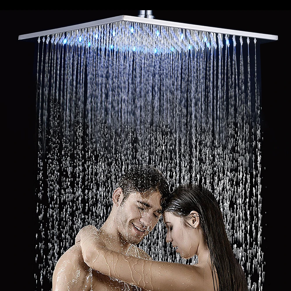 Brushed Nickel LED 16" Rainfall Big Shower Head Stainless Steel Square Color Changing Lights