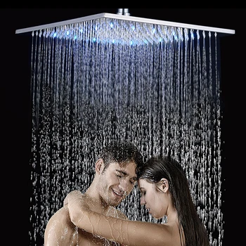 

Brushed Nickel LED 16" Rainfall Big Shower Head Stainless Steel Square Color Changing Lights Shower head Shower Sprayer