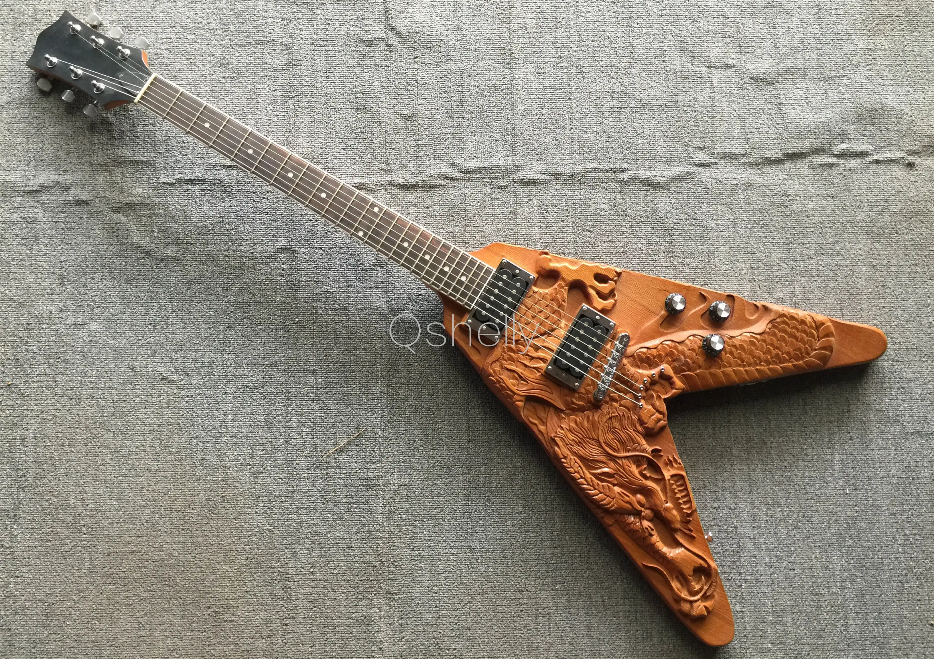 

top quality QShelly custom brown carving dragon V shape ash body string through 6 string electric guitar musical instrument shop